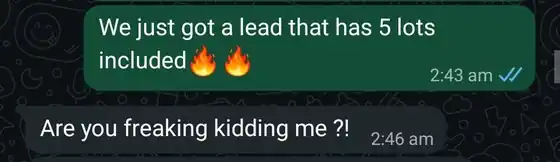 Client message reacting to a lead with five lots