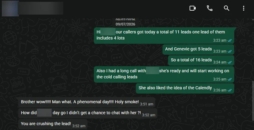 Client message about six leads coming in at a good price