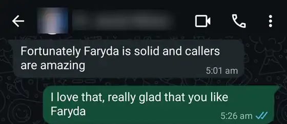 Client message saying the callers are amazing