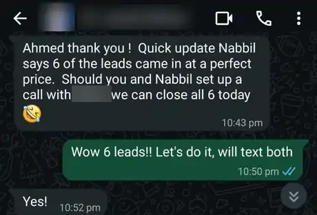 Client message about a successful day of leads